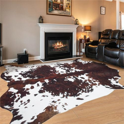 Alfombra de cuero vacuno con estampado de vaca de 6.2 x 7.6 pies, alfombra grande de piel de vaca para sala de estar, dormitorio, comedor, oficina en casa, alfombra marrón con estampado animal