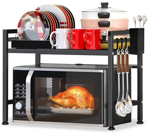 YSWOVUO Verstellbares Mikrowellenregal, 2-stufig erweiterbar, Küchenregal mit Arbeitsplatte, Kohlenstoffstahl, 8 Haken, 1 Utensilienhalter, Schwarz