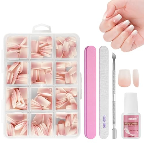 BUTBU Uñas Postizas Francesas Cortas, 240 Piezas Uñas Tipo T Corto, 12 Tamaños Nail Kit de Tips Uñas Gel con Pegamento, con Empujador de Cutícula Lima Uñas, para Salones Uñas, Manicuras DIY