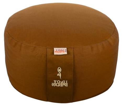 Yogimudra Yogakissen rund 33x20cm – Meditationskissen mit Bio-Dinkelfüllung aus Deutschland, waschbarer Bezug aus 100 % Baumwolle, mit Tragegriff, Kordelzug, Flap & Inlett mit Reißverschluss (Amber)