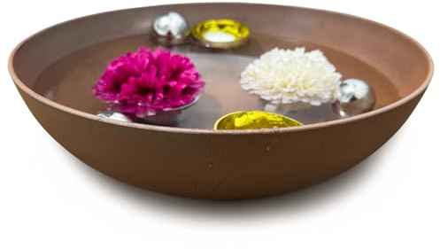 matches21 HOME & HOBBY Mini étang complet avec pot de fleurs bombé en rouille de 37 cm de diamètre avec boules flottantes et photophores jaunes