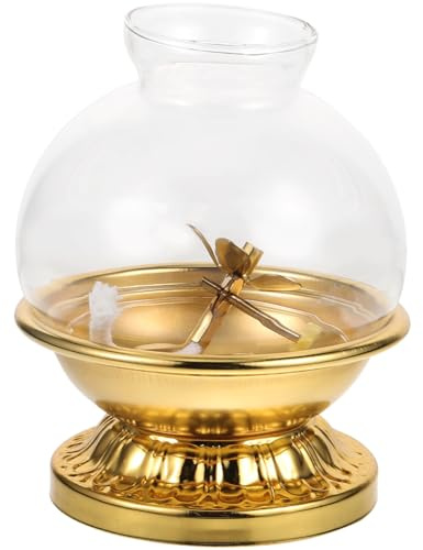 Alloy Oil Dish Ghee Lamp with Adjustable Flame Glass Shade for Indoor Use High Stability Oil Lantern for Home Decor and Buddhist Offering