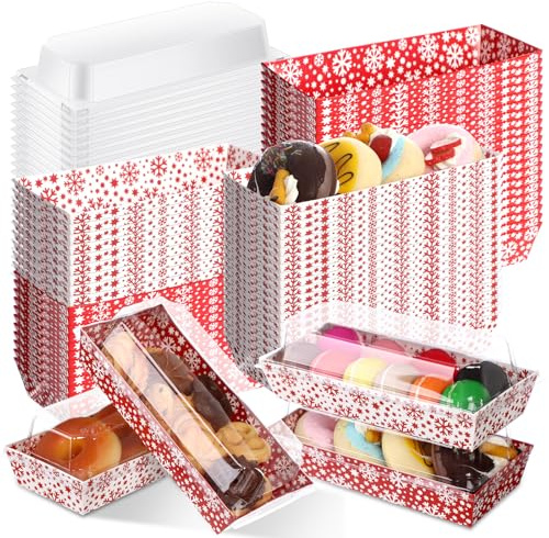 Bokon 100 Pack Christmas Charcuterie Boxes with Clear Lids, Red and White Snowflake Cookie Boxes with Window, Disposable Food Containers Candy Treat Gift Tins for Sandwich, Cookie, Sushi, Cake Slice