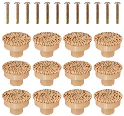 12PCS Drawer Knobs, Wooden Cabinet Knobs, Handles for Chest of Drawers, Wooden Door Knob, Unique Rattan Design, Kitchen Cupboard Handles for Home Decor, Cupboard, Wardrobe, Drawer, Kitchen Cabinets