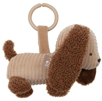 Jollein Kinderwagenanhänger – Diego Dog – Stofftier Hund aus Rippstoff – Sensorik Spielzeug für Unterwegs – Mit Kunststoffring zur Befestigung – Baby Spielzeug – Handwaschbar