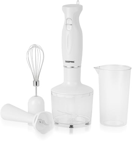 Geepas 4-in-1 Hand Blender with Electric Whisk, 860ML Vegetable Chopper & 600ML Beaker | 200W Stick Blender, Soup Mixer, Hand Immersion blender| Mini Food Processor for Baby Food Egg Whisk (Renewed)