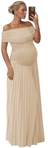 Fivsole Formal Maternity Dresses for Photoshoot Champagne Off Shoulder Baby Shower Dresses Maxi Pleated Maternity Wedding Guest Dress Fall L