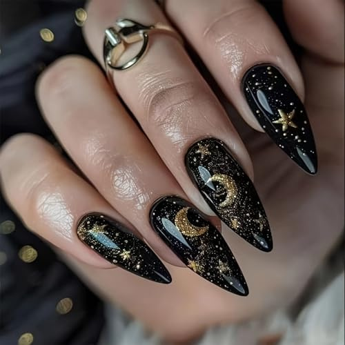 BelleFlair 24 Stk Press on Nails Schwarz, Gothic Künstliche Nägel Stiletto mit Mond und Sternen Design, Gold Glitzer Fake Nails, Lange Kunstnägel zum Aufkleben für Frauen