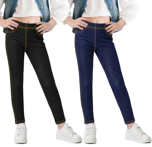 Baogaier Leggings per Bambina, Ragazza Jeans Jeggings, Pacco da 2, Elasticizzati Traspirante Bambina Skinny Pantaloni Autunno Scuola Casual Abbigliamento, 6-7 Anni, Nero&Blu Navy