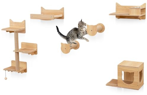 GOPLUS Centro de Actividades de Pared para Gatos, Juego de Muebles de Escalada de 6 Piezas con Árbol para Gatos de 3 Niveles, Hamaca, Rascadores, Estante, 2 Cuencos, Torre para Gatitos de Interior