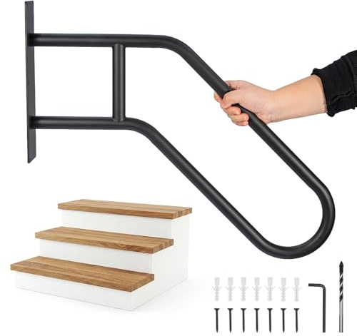 EVERGOODS Outdoor Stair Handrail Wall Mount, Heavy-Duty Non-Slip U-Shaped Metal Safety Railing for 1-3 Steps, Matte Black Handrail for Elderly, Pregnant Women & Disabled, Includes Hardware
