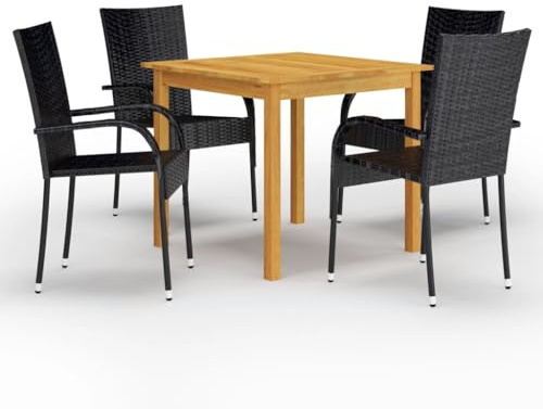 Owoxanthellate Tavolo da pranzo da giardino nero 85 x 85 cm in legno di acacia con 4 sedie pieghevoli in rattan resistente alle intemperie, impilabile per balconi, terrazze e piccoli gruppi per