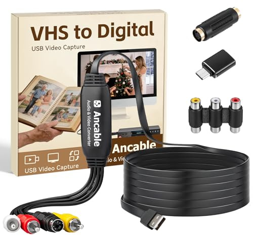 3-Feet VHS to Digital Converter, Video Capture Card for Mac/Windows, Preserve Old Family Memories from VCR VHS Hi8 MiniDV, USB 2.0 RCA to USB with S-Video & USB-C Adapter, Full Software Guide Included