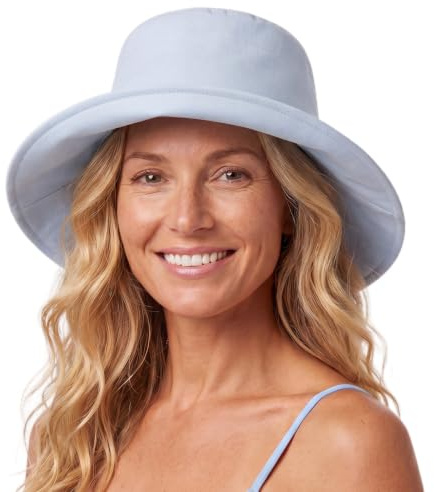 Comhats ChicPony™ hästsvans solhatt dam med brett brätte UV solskydd hatt kvinnor sommar vikbar bomull linne strandhatt, 96620#ljusblå_ponytail, M