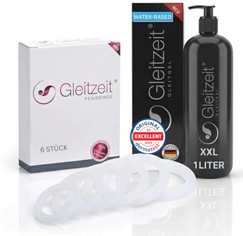 Gleitzeit® XXL Set Gleitgel 1Liter + 6 St. Penisringe, Gel wasserbasiert, sensitv, ph-neutral, hautfreundlich | Sensitive Kombi für Ausdauer und Spaß | Cockringe Silikon Hygieneverpackung