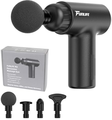 Funlife M2 Mini Pistola Massaggiante, 6 livelli di intensità, massaggio profondo 12 mm, ricarica USB-C, ultra silenziosa, solo 0,5 kg, 4 teste massaggianti, Set portatile (Nero Puro)