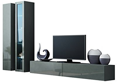 Mirjan24 Wohnwand VIGO III Anbauwand Modernes Wohnzimmer Set, Mediawand, Glasvitrine, Hängeschrank TV-Schrank (mit RGB LED Beleuchtung, Grau/Grau Hochglanz)