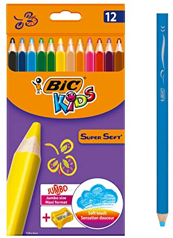 BIC Kids Jumbo Dreikant Buntstifte Set für Kinder ab 3 Jahren - Malen wie Wachsmalstifte - Buntstifte 12er Set - 12 bruchsichere Stifte + Jumbo Anspitzer