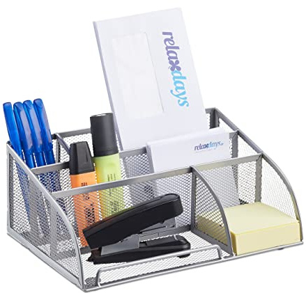 Relaxdays Schreibtischorganizer 5 Ablagen, kleiner Büroorganizer, Metallgeflecht, Stifteköcher, Briefablage, silber, 18 x 25.5 x 10.5 cm