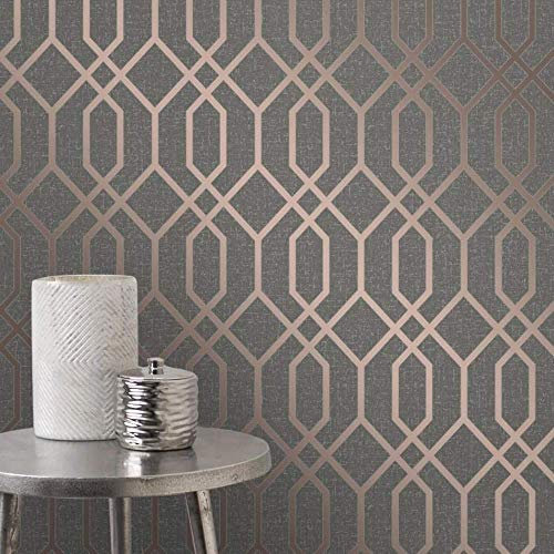 Quartz Trellis Geometric Wallpaper Copper and Charcoal Grey Fine Decor FD42307
