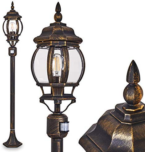 HOFSTEIN Außenstehleuchte Lentua mit Bewegungsmelder, Außenwegeleuchte aus Metall/Kunststoff in Braun/Gold/Klar, Wegeleuchte im Antik/Vintage-Design für Garten, Außenbereich, Hof, 130 cm, E27, IP44