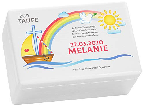 LAUBLUST Holzkiste zur Taufe - Nach der Sintflut Farbmotiv - Personalisiertes Taufgeschenk - 30x20x14 cm, Weiß, FSC®