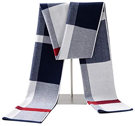 Lallier Herren Schal aus Merinowolle, lange Winterkrawatte mit Geschenkbox, Blau Weiss Tartan