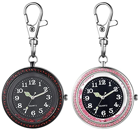 JewelryWe Montre de Poche à Quartz, Mousqueton Homme Femme, Infirmière Porte Clef Avec Aiguille Lumineuse en Chiffres Arabes & Porte-clés Sac à Dos Boucle (Diamant Rouge et Rose)