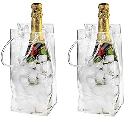 NSXIN 5 Stück Eisbeutel Flaschenkühler Auslaufsichere Eisbehälter, Transparente PVC Eistasche Tragbare Kühltasche mit Griff für Champagner Wein Getränke 25 * 11cm (2 Stück)