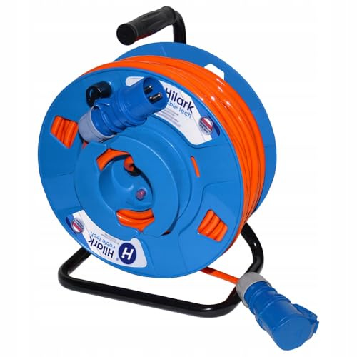 Hilark Cable Tech Electric Reverse Drum Extension H07BQ-F 3g2,5 mm (3x2,5 mm) with CEE 3-pin Industrial Plug for Camping Car, Caravan, Boat, Construction Site - 50m