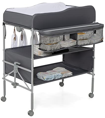 GYMAX Baby Changing Table, Foldable Infant Diaper Changing Station with 4 Lockable Wheels, Storage Basket & Shelves, Height Adjustable Newborn Bath and Changer Unit (Gray), 86 x 54 x 100-107.5cm