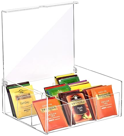 Teebeutel Organizer, AUHOU Teebeutel Aufbewahrungsbox mit 4 Fächern - Transparent Tee Aufbewahrung Deckel aus Kunststoff Teekiste zur Teeaufbewahrung für Teebeutel Kaffeebeutel