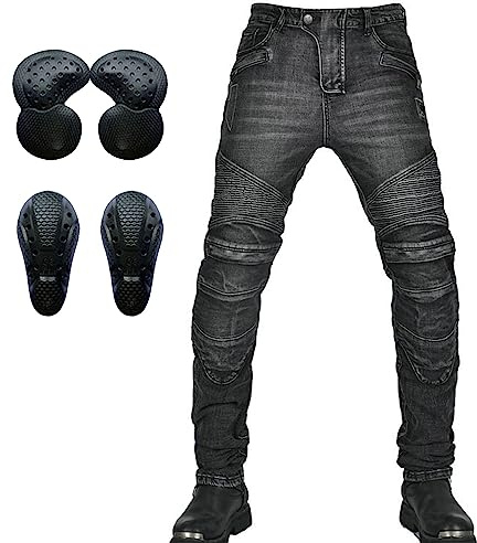 SHUOJIA Motorradhose, Schutzhose, Herren-Motorrad-Jeans aus atmungsaktivem,mehreren Taschen mit 2 Paar abnehmbaren Pads für Hüfte und Knie (Black,L)