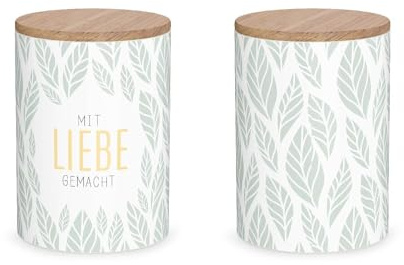 La Vida Boîte de conservation en porcelaine avec couvercle en bambou Motif feuilles faites avec amour Blanc/vert menthe 11 x 16 cm