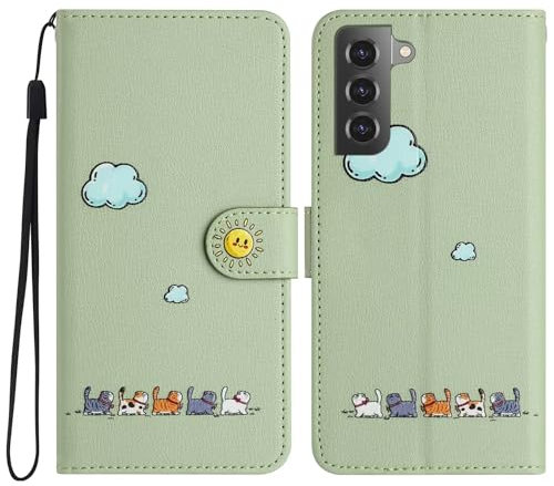 Tivenfezk Nadoli Niedlich Katze Wolke Hülle für Samsung Galaxy S21,PU Leder Handyhülle mit Tier Muster Kartenfach Magnet Klappbar Case Schutzhülle Flip Brieftasche Handytasche