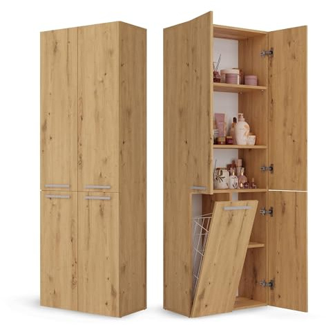 CDF Mobile da Bagno con Armadietti e Ante Rovere Artisan Colonna Bagno Salvaspazio 1 Cesto per la Biancheria Mobile Alto a Colonna Cesto Portabiancheria Armadio Bagno