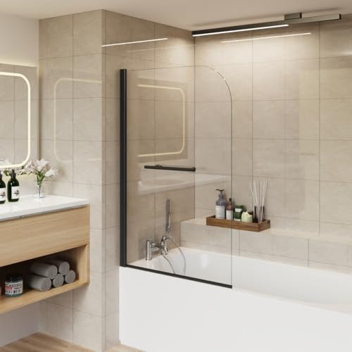 Aquariss 800x1400 Bath Screen Pivot Bath Shower Easy Clean Glass Screen Reversible Door Panel Black with Towel Rail