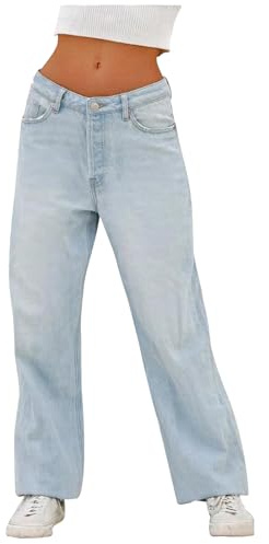 Generisch Baggy Damen Jeans Vintage Hosen Mode lässig hohe Taillentaschen gerades Bein Weite Bein Jeans weiblicher Knopf lockere einfarbige Hose (Light Blue, S)