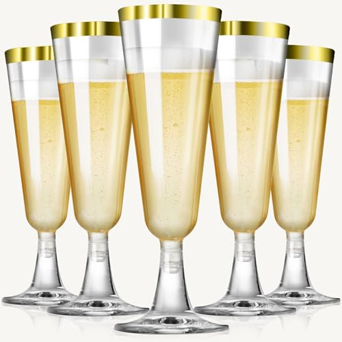 SUREHOME Champagne Flutes Plastic Champagne Glasses Disposable 100 Pack 5.5 Oz Gold Rim Mimosa Glasses Acrylic Wedding Toasting Cocktail Cups for 2025 Graduation Decorations Birthday Party Supplies