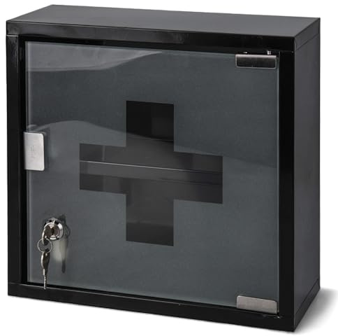 MIJOMA Medizinschrank aus Metall, abschließbar mit Glastür und Ablageböden, Sicherheitsschloss inkl. 2 Schlüssel, Arzneischrank für Erste Hilfe, Kindersicher, Wandmontage (Schwarz, 30 x 30 x 12cm)