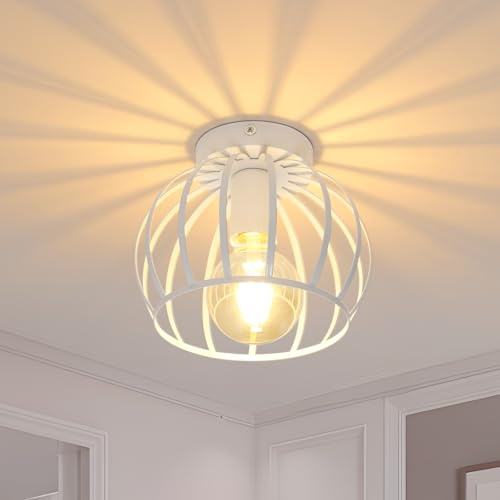 Comely Plafonnier Vintage E27, Plafonnier Semi-encastré Blanc Abat-jour de Plafond à Cage en Métal, Lampe de Plafond Rétro pour Couloir Entrée Cuisine Salon Chambre Décorer Maison