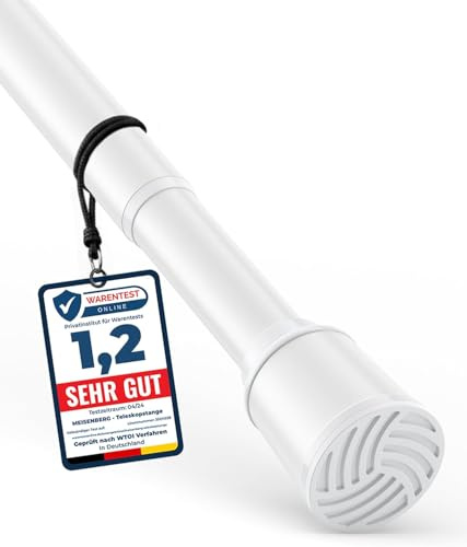MEISENBERG Duschvorhangstange ohne Bohren 170-220cm, Weiß - Ø 32 mm | Werkzeuglose Montage, Rostfrei & Rutschfest - Klemmstange für Fenster, Tür, Bad, Küche, Schrank, Balkon, Trennwand