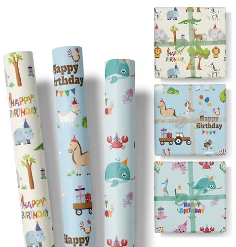 Geschenkpapier Kinder – 3 Rollen im Set – Motive: Safari, Bauernhof, Meerestiere, Happy Birthday – für Geschenke zum Geburtstag – Geschenkpapier Mädchen und Jungen – Rolle: 47 cm breit, 3 m lang