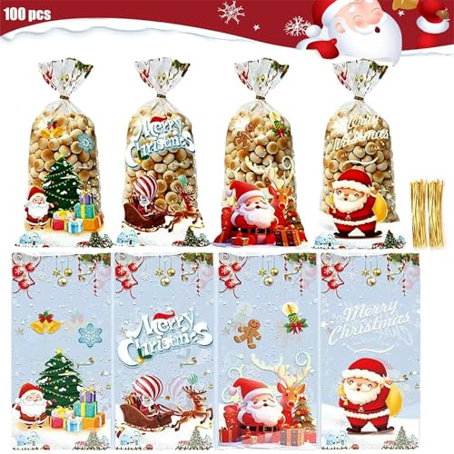 100 Stück Weihnachtsplätzchentüten, 27 X 12,5 Cm Weihnachtssüßigkeitstüten, Geschenktüten, Schokoladenverpackungstüten Mit Drehbändern, Weihnachtliche Zellophan-Snacktüten (transparent)