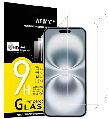 NEW'C Lot de 3, Verre Trempé pour iPhone 16 Plus (6,7 Pouces), Film Protection écran -sans Bulles d'air -Ultra Résistant (0,33mm HD Ultra Transparent) Dureté 9H Glass