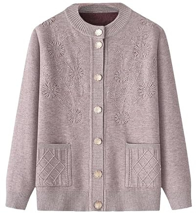 Genérico Cárdigan de Punto para Mujeres de Mediana Edad Y Mayores, con Forro Polar, Cuello Redondo, Bordado, Cárdigan con Bolsillo, Ropa de Madre, Suéter Cálido, Abrigo, Chaqueta, Primavera Y Oto