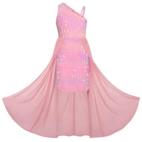 GRACE KARIN Filles Une épaule Asymétrique sans Manches Robe à Paillettes A-Ligne Robe de Princesse Rose Coloré 12 Ans