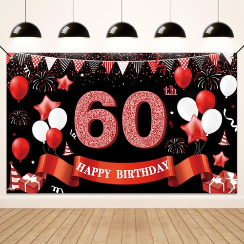 Koliphy 60. Geburtstagsdeko, 60. Happy Birthday Banner für Mann Frau, Schwarz Rot Stoff 60 Geburtstagsbanner Hintergrund Party Dekoration Drinnen und Draußen