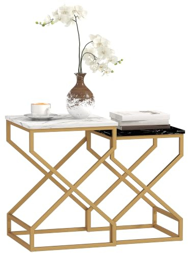 HOMCOM Nest of Tables with Marble-Like Top Side Table Set of 2 Black/White | Foot Pads, Steel Frame, MDF Top, for Living Room Bedroom Office