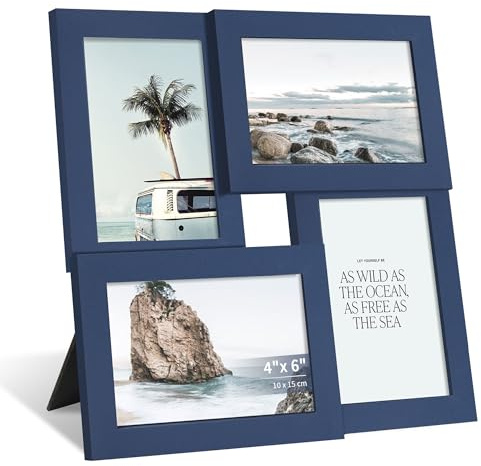 SZYUU 4x6 Collage Picture Frame with Real Glass, 4 Opening Wooden Photo Collage Frame with Stand, Family Multi Picture Frame for Wall or Tabletop Display, 4 Photo Gallery Frame for Home Decor, Navy Blue